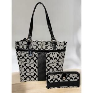 Coach F28504 Signature Stripe Tote Bag & Snap Wallet